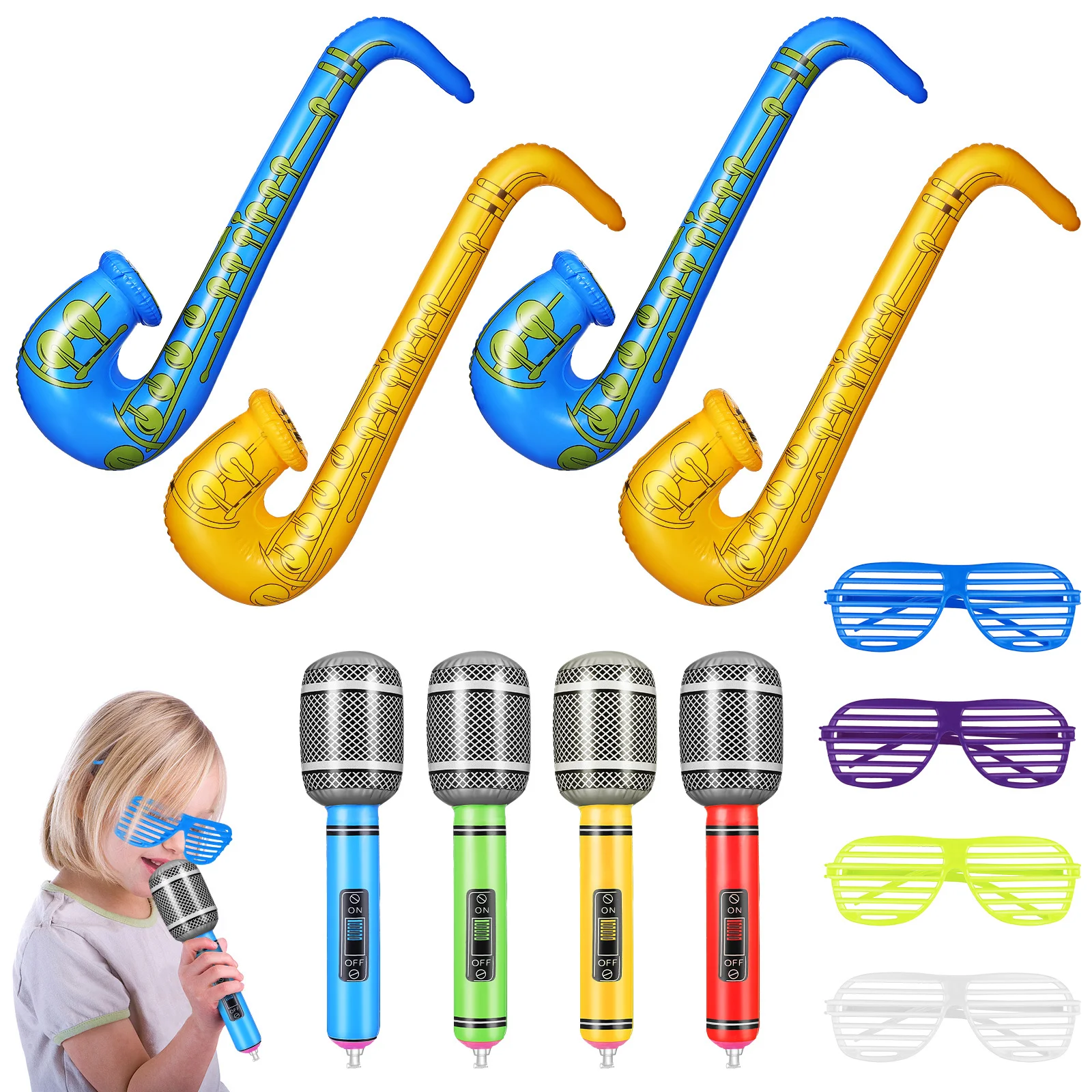 

12Pcs Interactive Inflatable Instruments Party Props Blow Up Microphone Saxophone Glasses Music Decorations Dance Floor