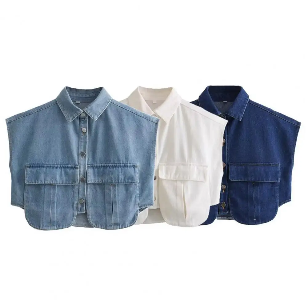 

Summer Women Denim Cropped Shirt Lapel Sleeveless Flap Pockets Top Solid Color Single Breasted Female Casual Denim Short Blouses