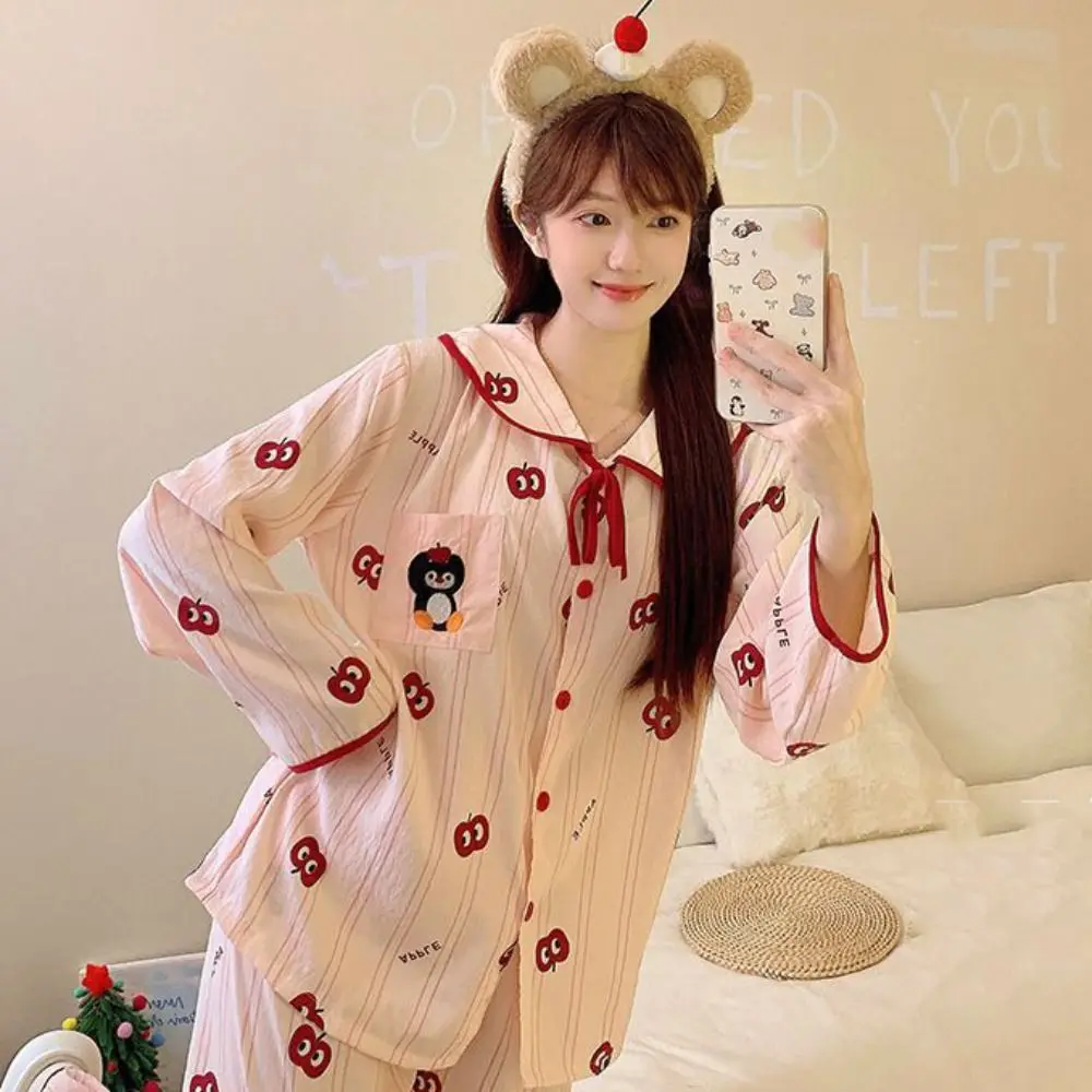 

Sweet Flip Collar Stripe Pajamas Set Dog Casual Sweet Pajamas Suit Penguin Home Wear Long Sleeves Pajamas Women