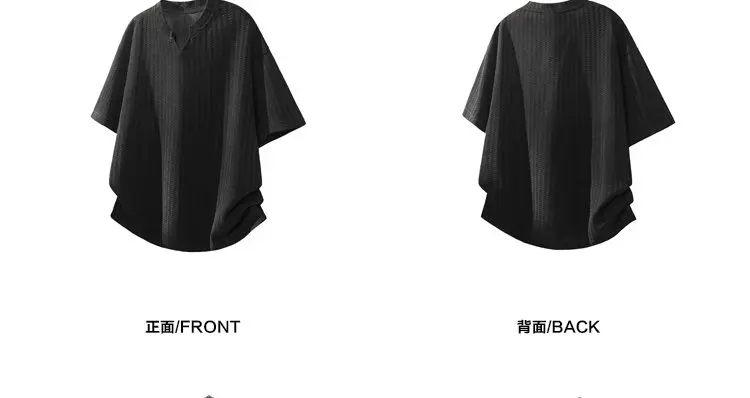 Herren-T-Shirt mit V-Ausschnitt, kurzen Ärmeln, vertikal gestreiftem Jacquard-Stoff, lockerer Passform, atmungsaktiv, lässig, für den Alltag, mit abgerundetem Saum. – Detail 7
