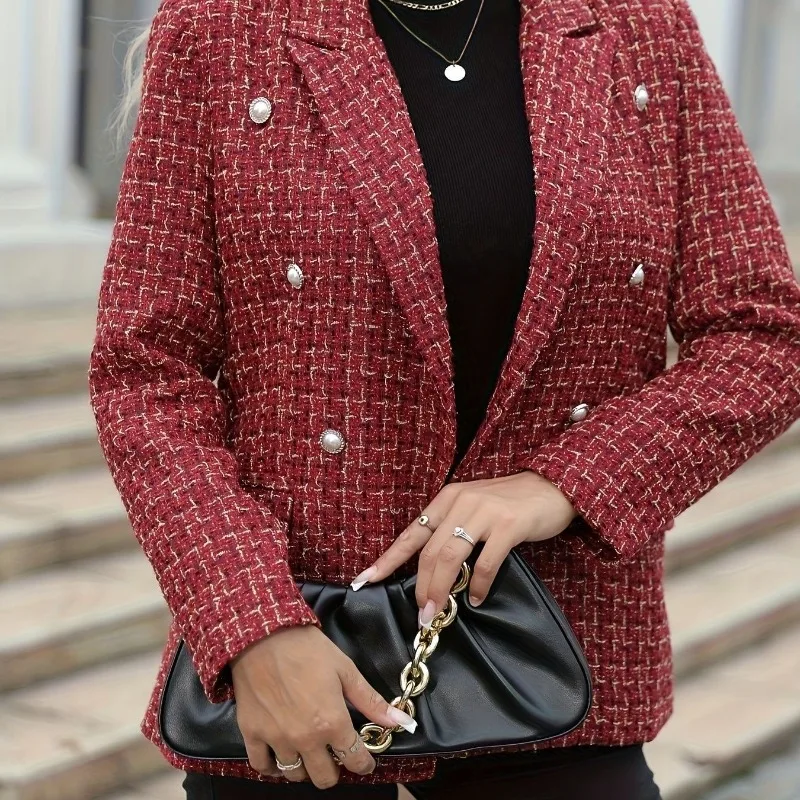 새로운 더블 브레스티드 텍스처드 수트 버클 미디엄 롱 코트 여성 의류 스몰 프래그런트 탑 슬림핏 숏 브라이트 실크