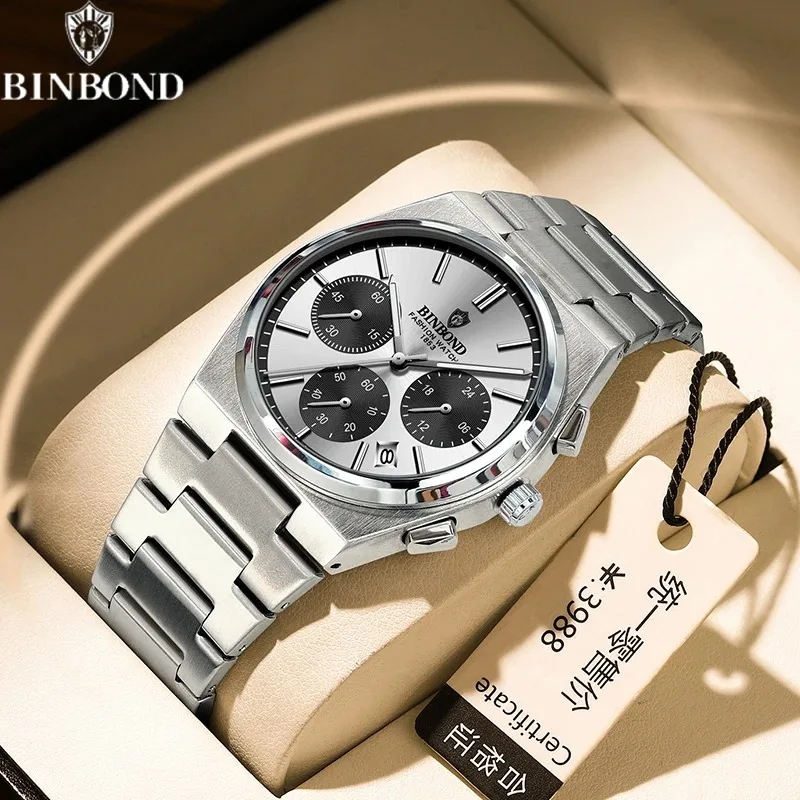 

BINBOND Fashion Three Eyes Six Needles Chronograph Quartz Men's Watch Waterproof Night Glow Multi Functional Men Business Watch