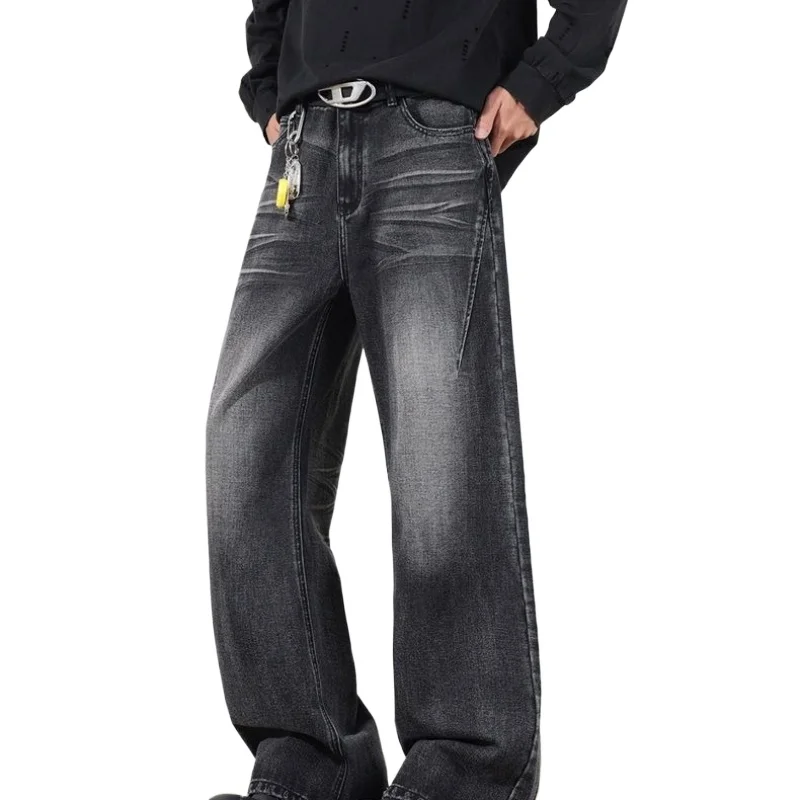 Amerikaanse retro crack-gewassen noodlijdende bliksemvormige uitlopende jeans High Street losse jeans voor zowel mannen als vrouwen herenbroeken