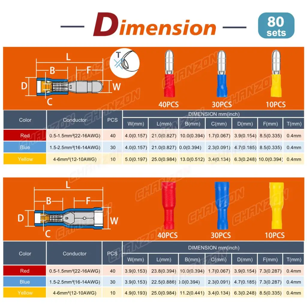 60/80/100PCS Insulated Bullet Wire Connector Cable Electrical Female & Male Crimp Splice Disconnect Terminal 22-10Awg Assortment