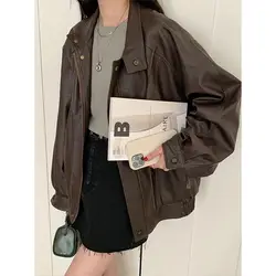 女性のための特大の革のジャケット,長袖,ジッパー,レトロな服,アメリカン,ブラウン,高品質,秋