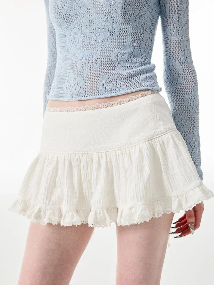 HOUZHOU Coquette Mini Skirt Women 2023 Kawaii Lace Mesh Patchwork Sexy White High Waist A-line Lolita Ruffle Skirt Fairycore