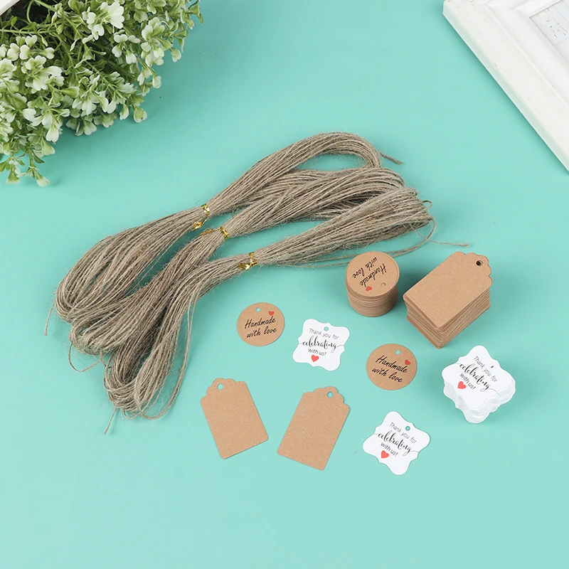 100Pcs/Lot Kraft Paper String Price Tags With String 20m Gift Cards Blank Kraft Jewelry Price Label  6Styles