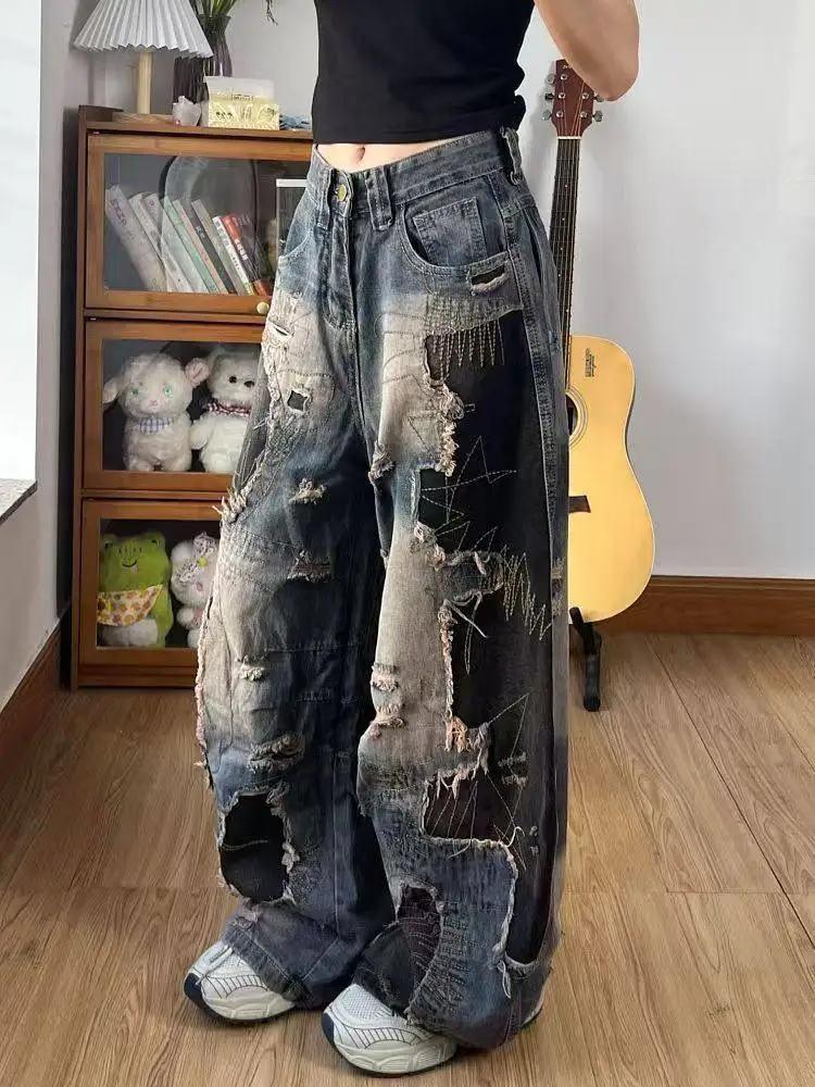 

American High Street Sle Bla Tie Dye Hole Denim Jeans Retro Loose High Waist Slim Wide Leg Pants Women Trendy