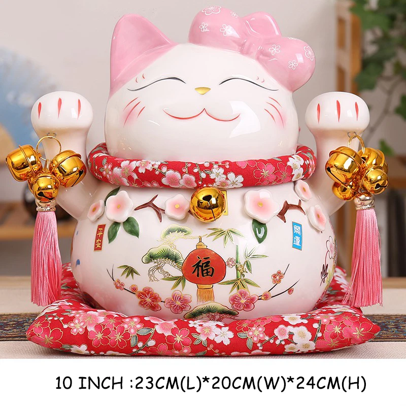 Ceramic Lucky Cat Money Bank Maneki Neko Fortune Cats Porcelain Happy Smiling Cat Figure Feng Shui Decor Ornament
