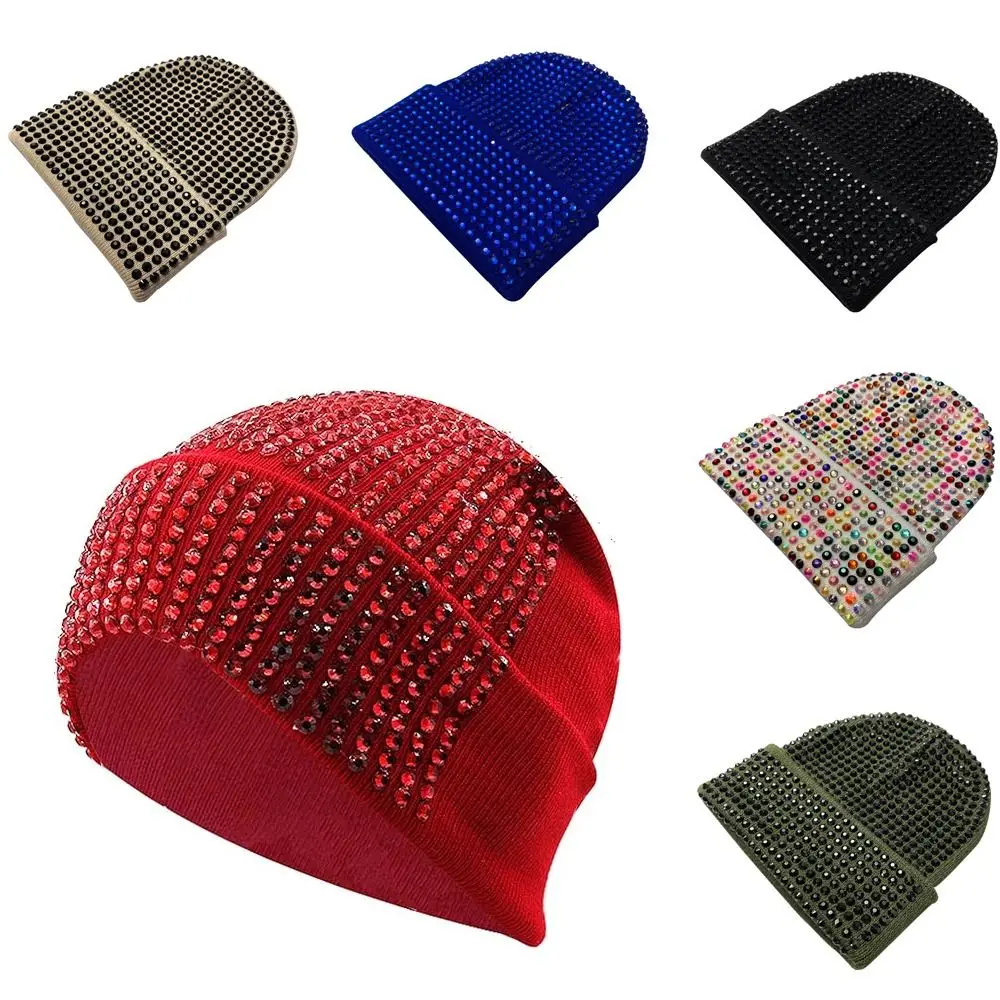Casual Versatile Beanie Hat Warm Windproof Rhinestone Knitted Cap Shiny Stretchy Crimping Ski Caps for Men and Women