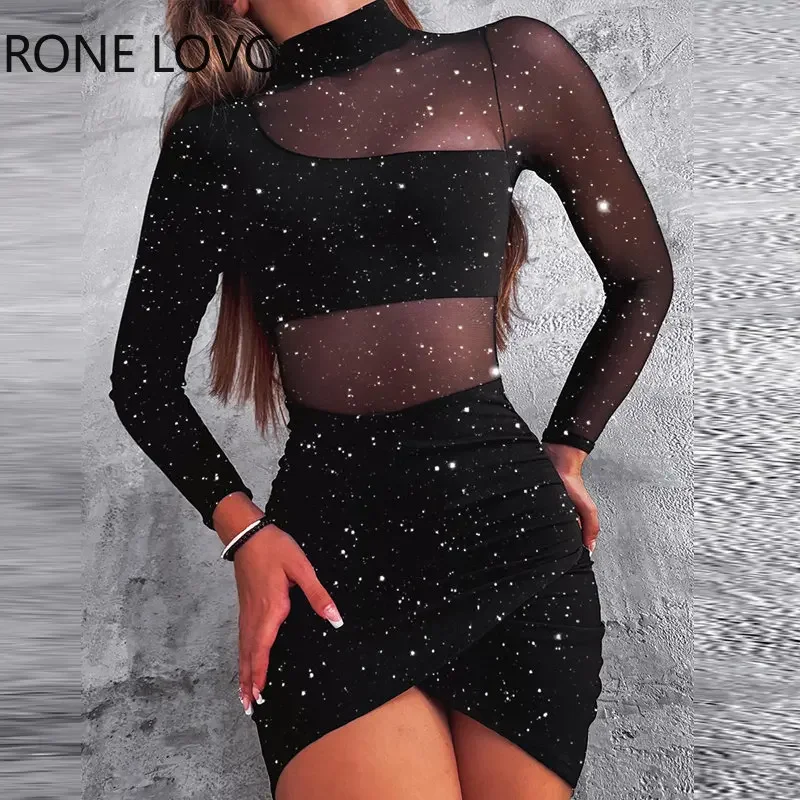 Women Elegant Glitter Long Sleeves Contrast Mesh Patch Sheer Asymmetrical Wrao Bodycon Party Black Dress