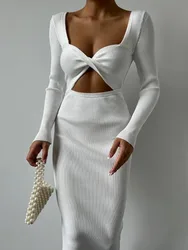 Tossy Knitwear Ribbed Hollow Out Long Dress Women's Twist Long Sleeve Patchwork Slim Elegant Knit Dress Party Looks Maxi Dress