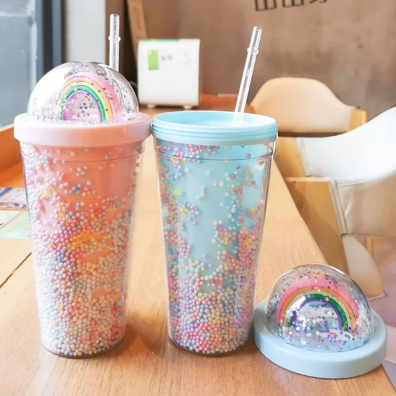 

Rainbow Straw Cup For Girls Cartoon Plastic Large Capacity Double Layer Water Cup 500ml Juice Milk Coffee Drink Cup BPA Free