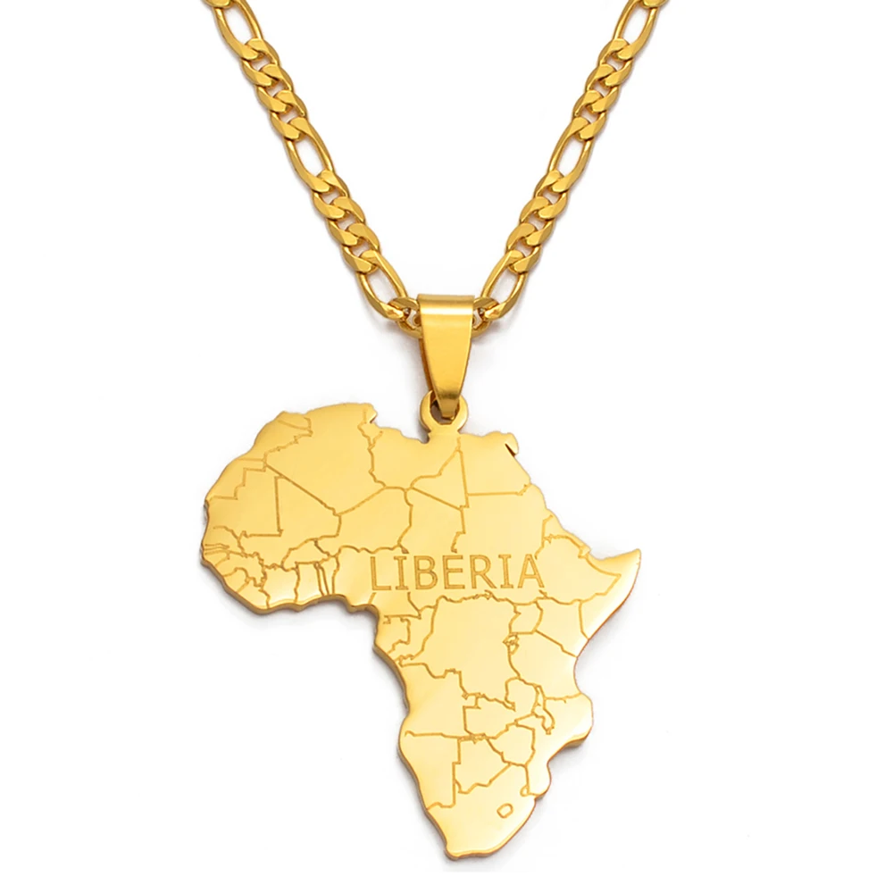 Anniyo Africa Map With LIBERIA Pendant Necklaces Gold Color Jewelry For Women Men Father's Gift @042221