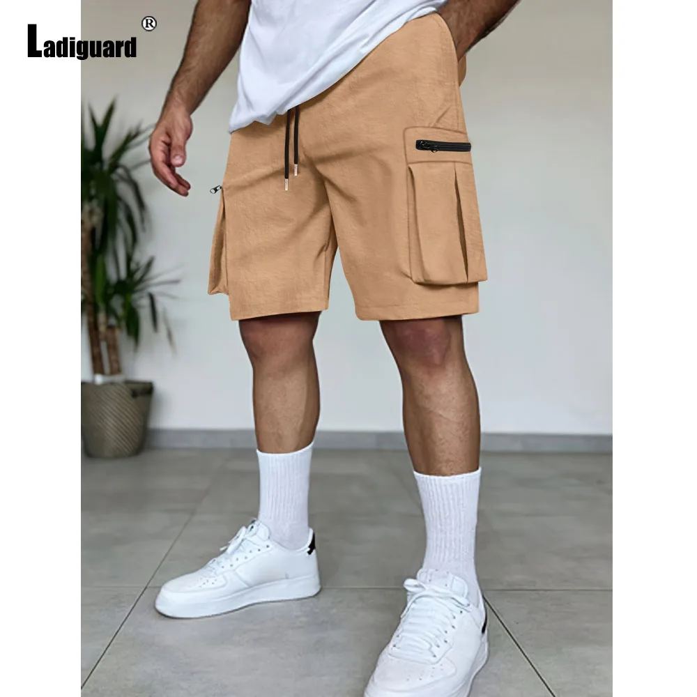 

2025 мужские винтажные шорты-карго с карманами-стойкой, новые летние повседневные базовые брюки до колена для бега, однотонные серые шорты цвета хаки на шнурке