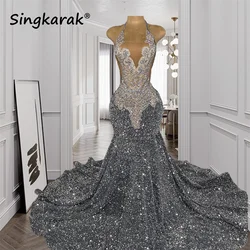 Luxury Silver Diamonds Long Prom Dress 2024 For Black Girls Halter Beads Crystals Birthday Party Wedding Reception Customized