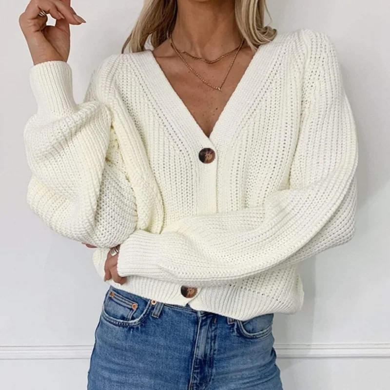 

Woman V Neck Sweater Top Solid Color Button Knit Cardigan Loose Casual Versatile Cardigan Coat