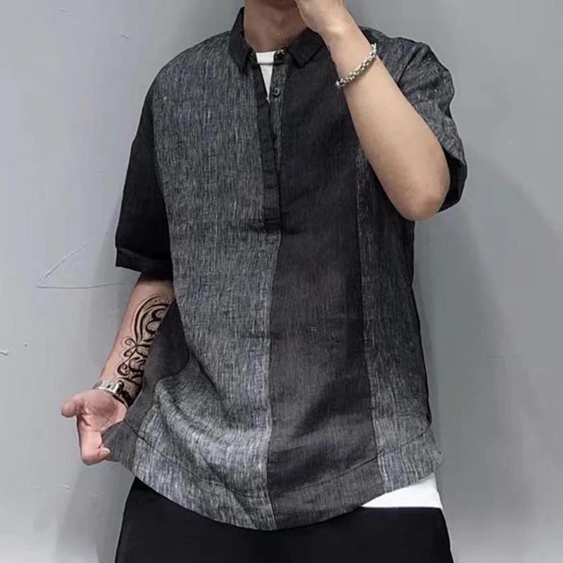 

Linen Men Short Sleeve Polo T Shirts Summer Retro Spliced Loose Casual 2xl Oversized Clothing Daily Family Dinner Gray Apricot