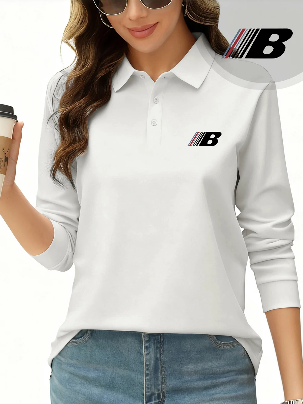 Koszulki polo z nadrukiem litery B damskie wiosenne oddychające bluzki z kołnierzykiem do pracy długi rękaw T-shirty sportowe podstawowe ubrania damskie