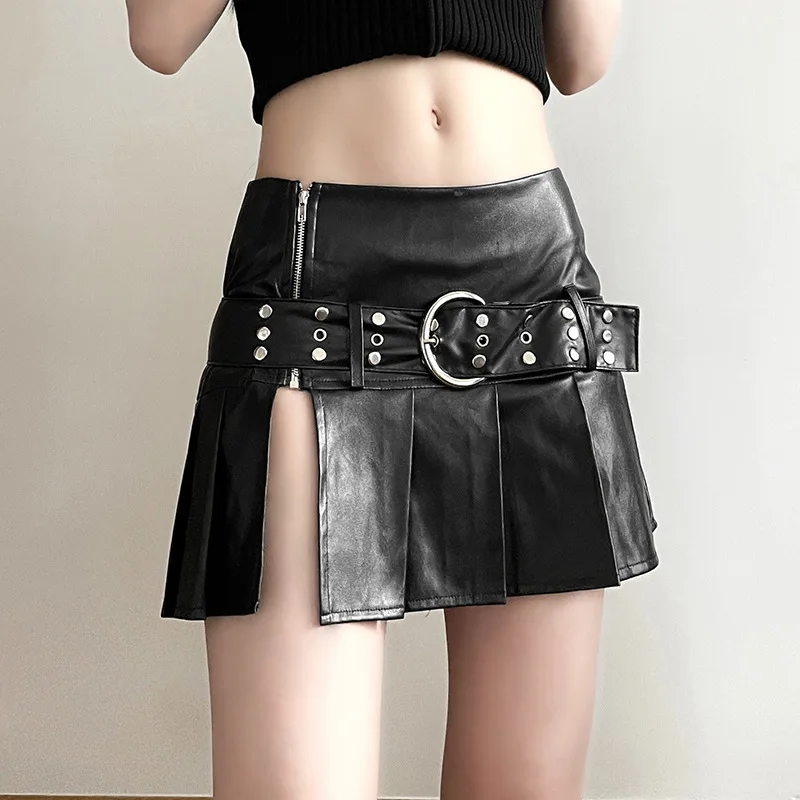 Zipper High Waisted for Women Y2K Hotsweet Vintage Korean A Line Fashion Clothing Black Moto Biker Sashes Women's Elegant Skirts