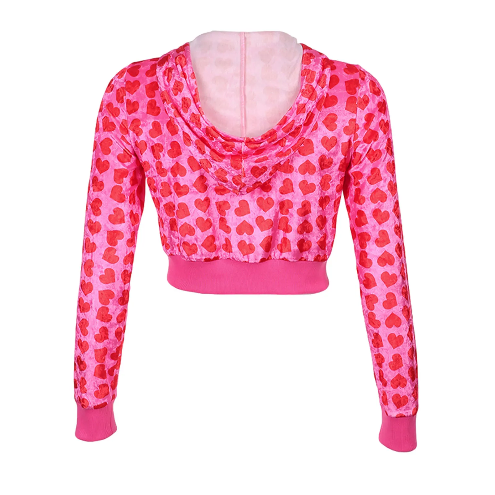 Female Short Coat Heart Print Long Sleeve Tops with Zipper and Pockets or Pants for Spring Fall Red S/M/L