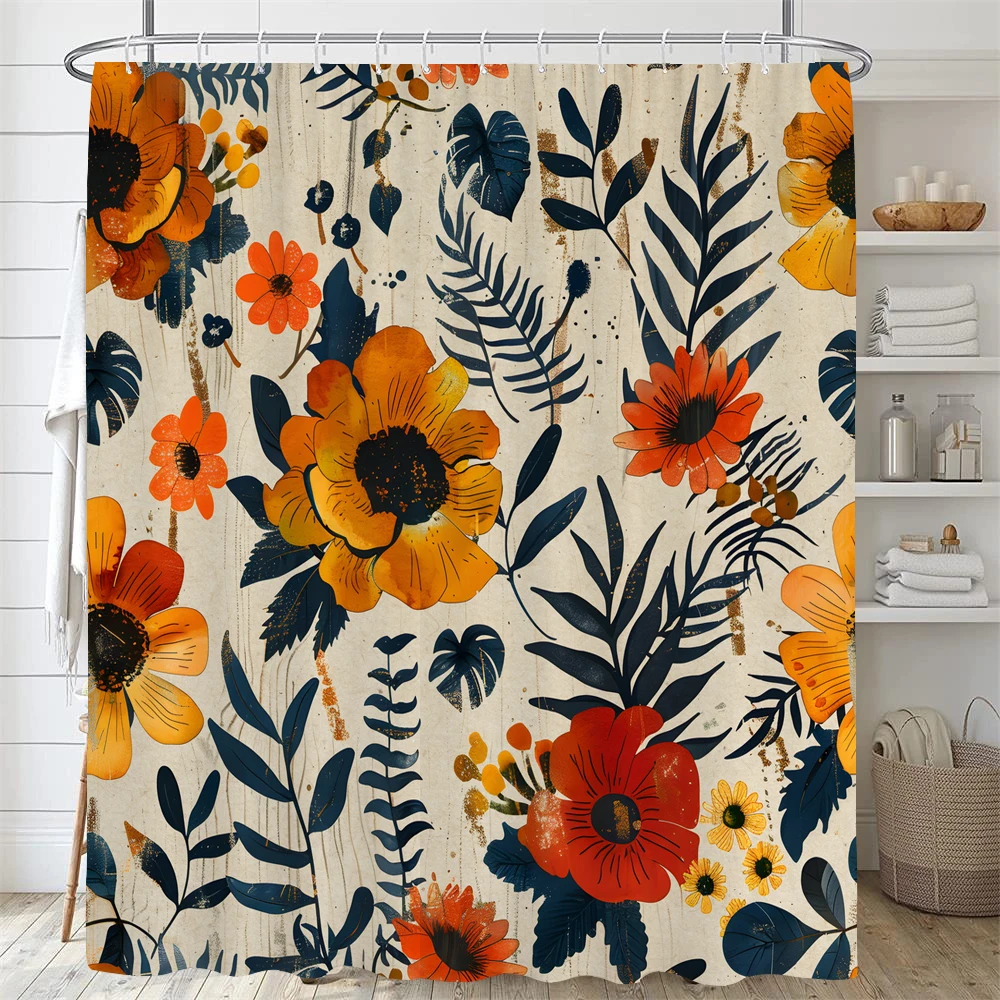 Bathroom Floral Shower Curtain, Retro Flower Farmhouse Flower Plant Butterfly Animal Bohemia, bathtub shower curtain with hooks