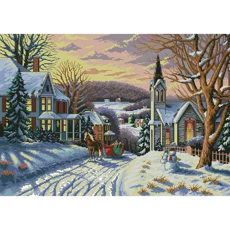 Amishop Top Quality Beautiful Lovely Counted Cross Stitch Kit Wintry Eve Winter Snow Christmas Sleigh Carriage Dim 03854