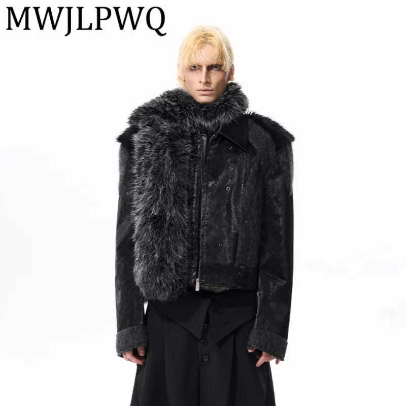 

MWJLPWQ High-End Pattern Patchwork Fur Design Leather Jacket Men's Lapel Long Sleeve Street Autumn Winter Black Casual Top 12308