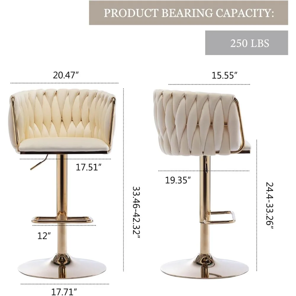 Kiztir 360° Velvet Swivel Bar Stools Set of 4, Adjustable Counter Height Chairs with Woven Back & Footrest, Luxury Gold