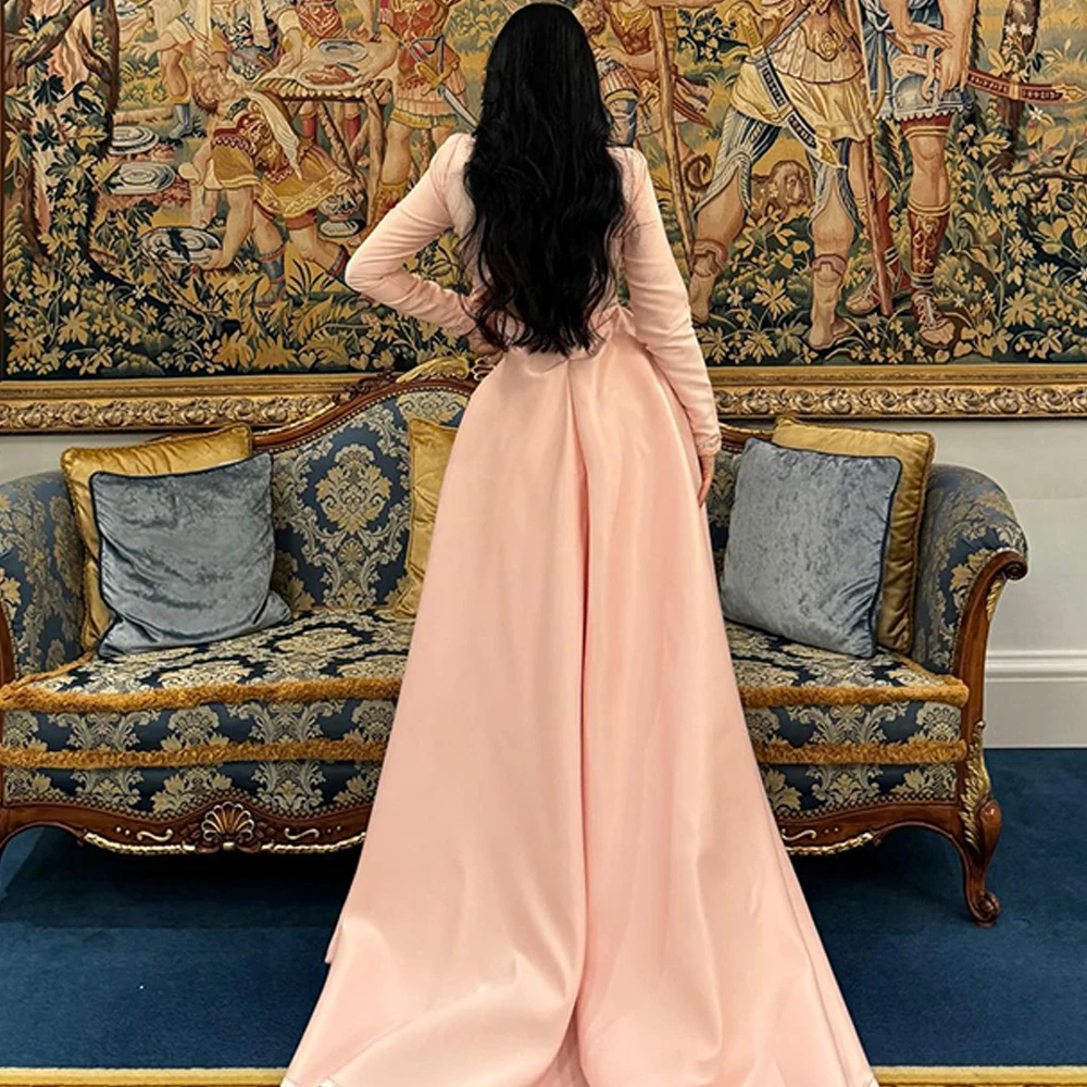 Customized Square Collar Long Sleeves Party Gowns Pink Satin Evening Dress Elegant Panel Train Crystal Beading Prom Dresses