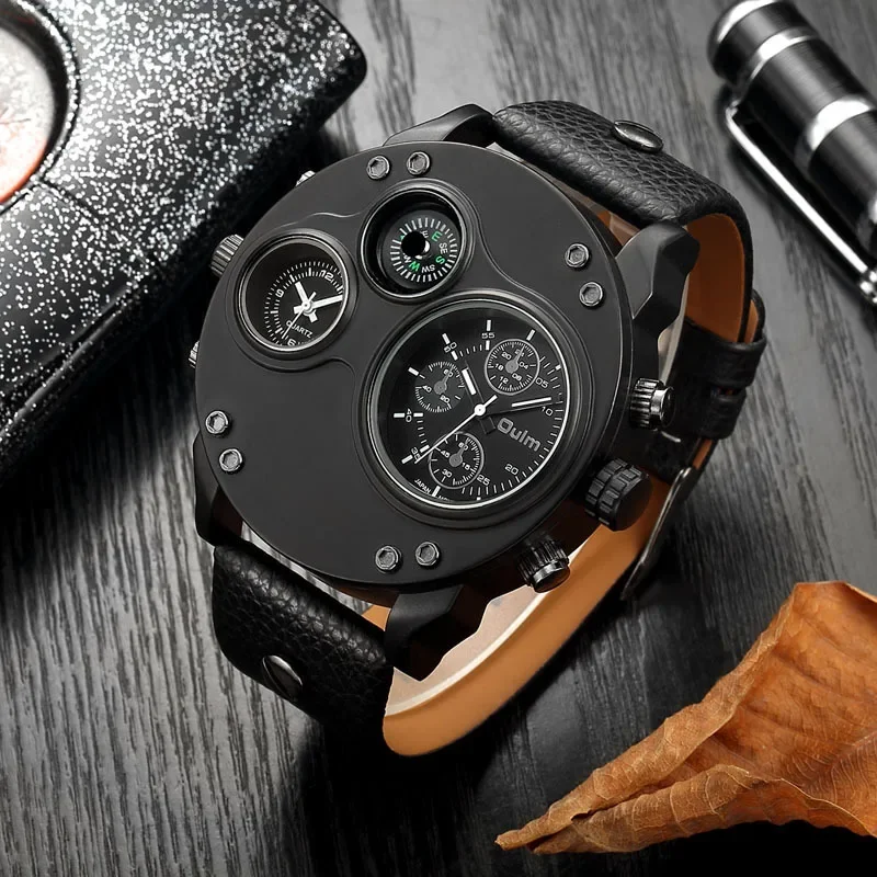 Steampunk Oulm Watches Dual Time Zone Men\'s Military Quartz Watch PU Leather Strap Male Decorative Compass Quartz Clock Man