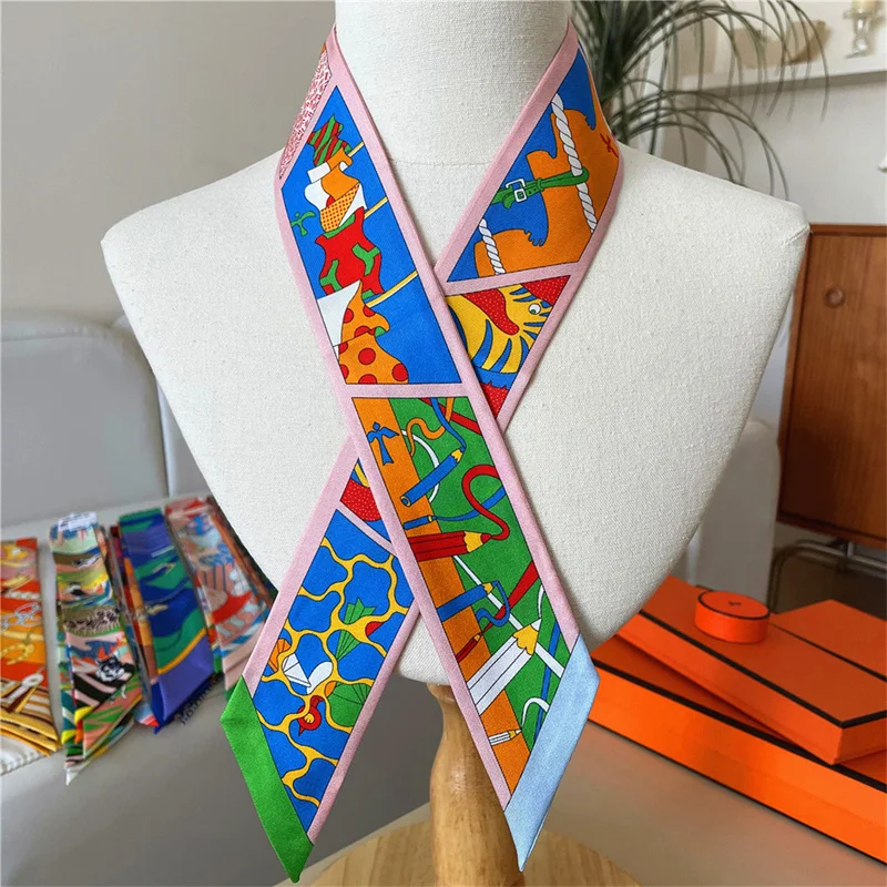 100% Silk High Quality Luxury Brand Goods Scarf Women Headband Decorative Filament Foulard Tie Ribbon Neckerchief Skinny Scarves