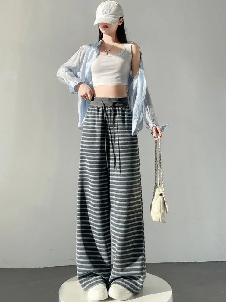 Y2K Pantaloni a gamba larga a righe nere Nuovo autunno a vita alta con coulisse in maglia Pantaloni da passeggio casual larghi Pantaloni lunghi fino al pavimento Streetwear