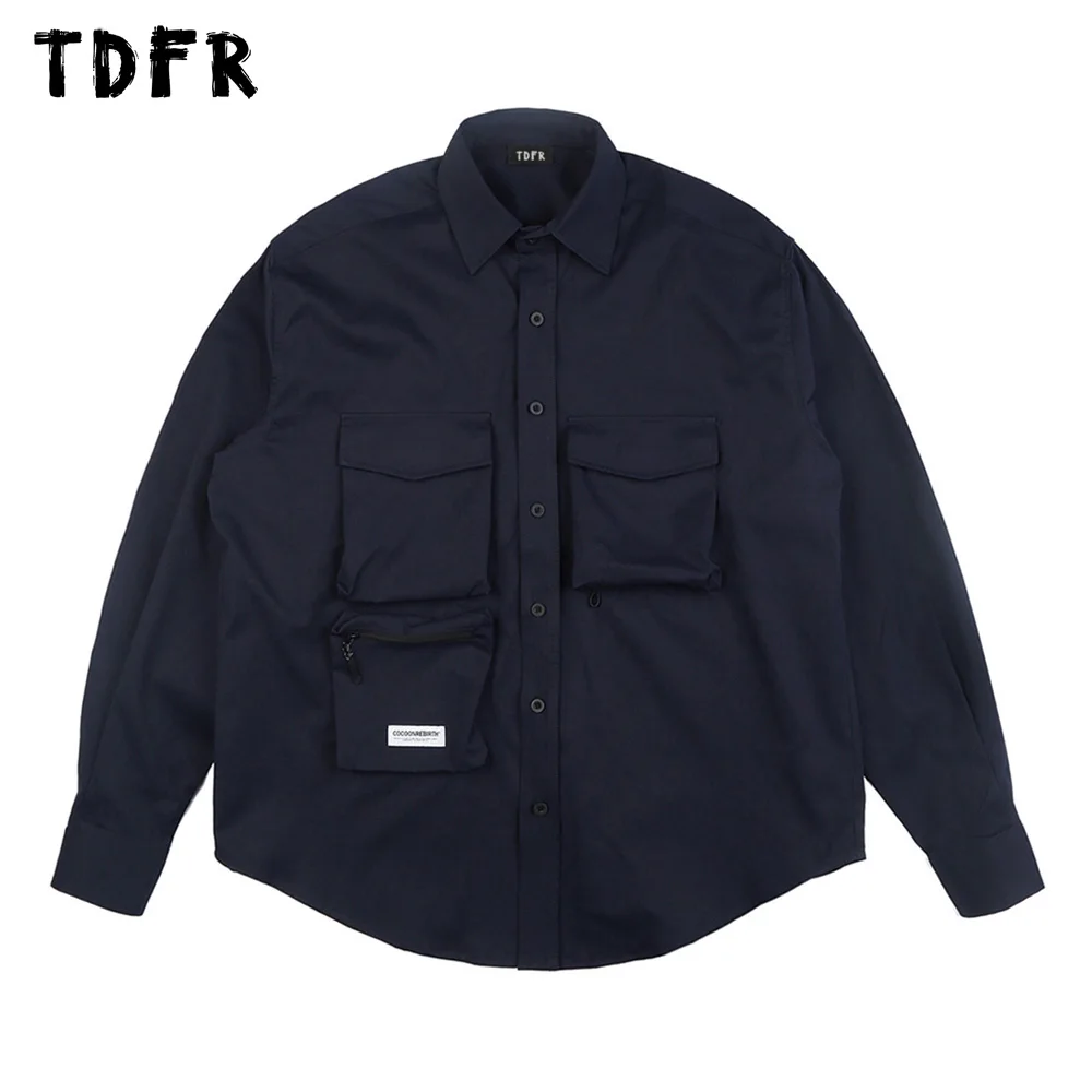 Pocket Solid Color Cargo Shirts Mens Autumn Casual Loose Safari Style Lapel Single Breasted Curved Hem Long Sleeve Shirts Men