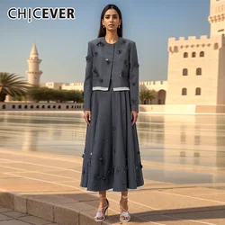 CHICEVER Solid Spliced Appliques Two Piece For Women O Neck Long Sleeve Coats High Waist A Line Skirt Elegancki jesienny garnitur damski