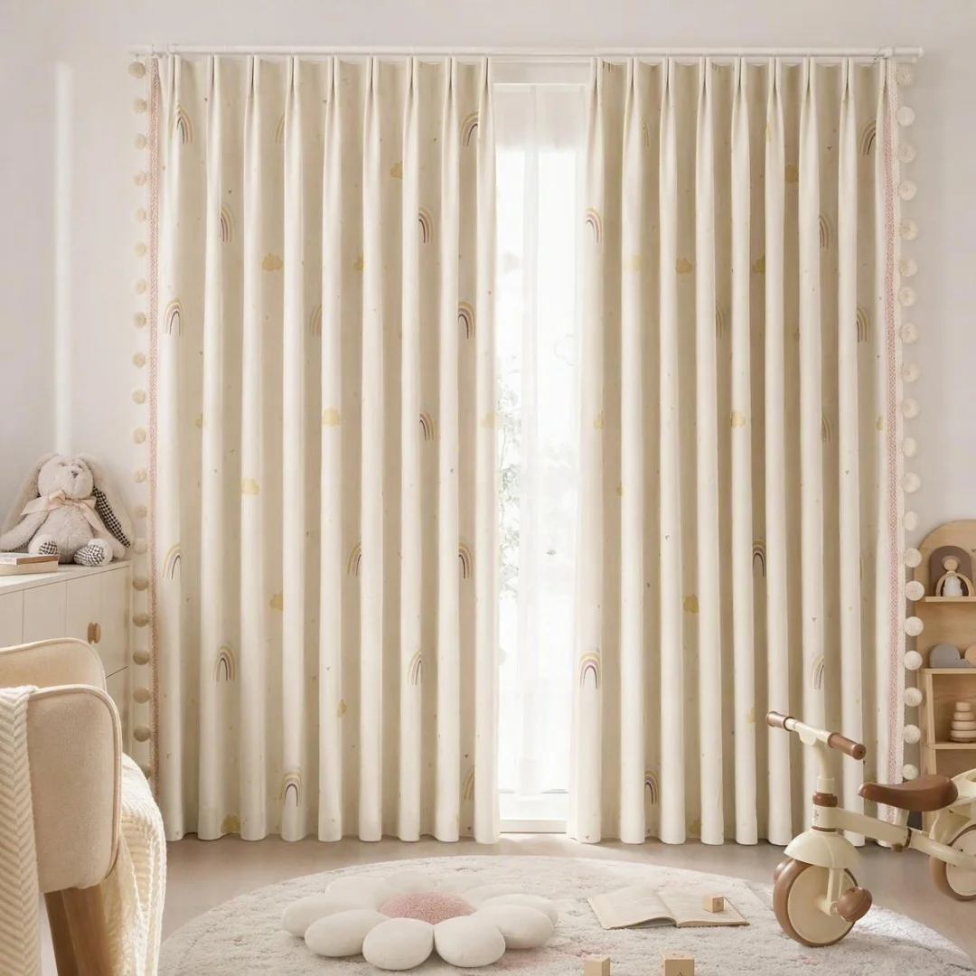 Cute Rainbow Cloud Star Print Curtain,Pom‑pom Tassel Drapes,Sweet Cartoon Window Curtains for Baby Kids Bedroom Nursery Decor