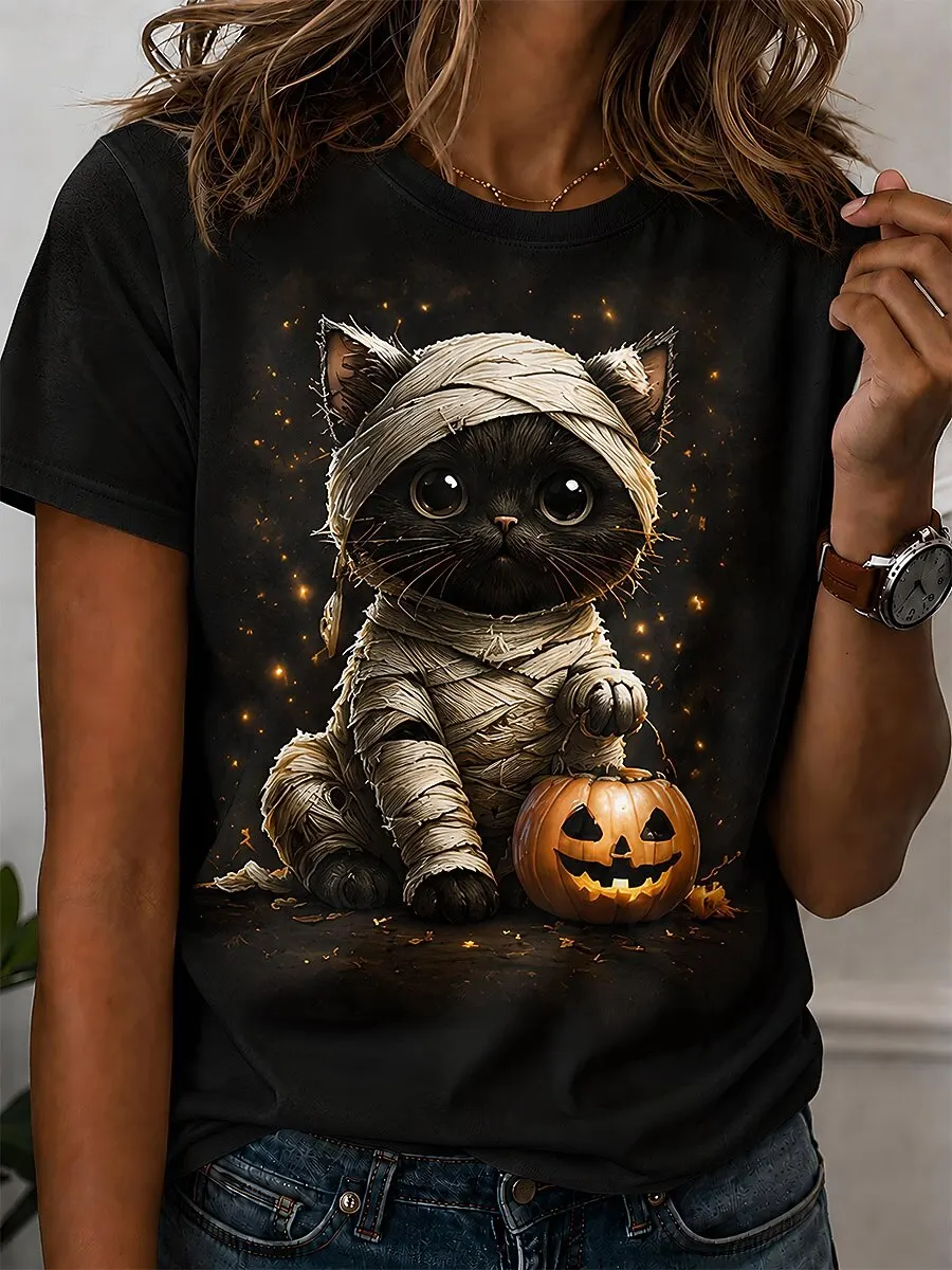 Halloween Women Witch Cat T-Shirt Cute Black Cat Pumpkin Graphic Tops Tee Summer Short Sleeve Crewneck Party Women Clothing view 2