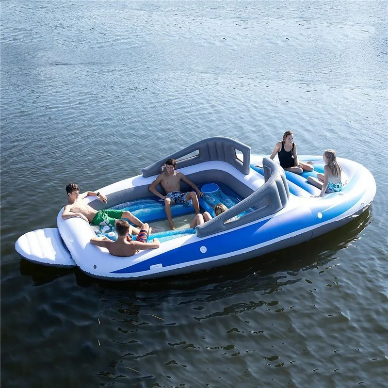 

400cm Blue Inflatable PVC Water 6-person Island Speedboat Pirate Boat Cutting Water Floating Bed Floating Drainage Upper Toys