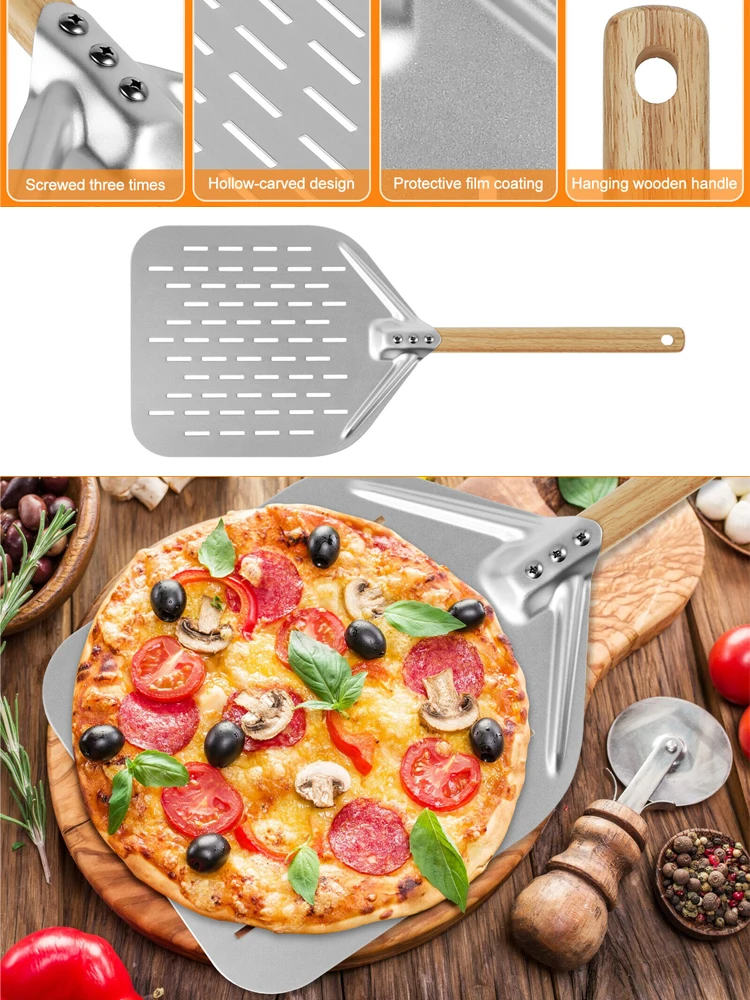 Pala de aleación de aluminio para Pizza, espátula de paleta de Pizza de mango largo, redonda sartén antiadherente, accesorios giratorios para