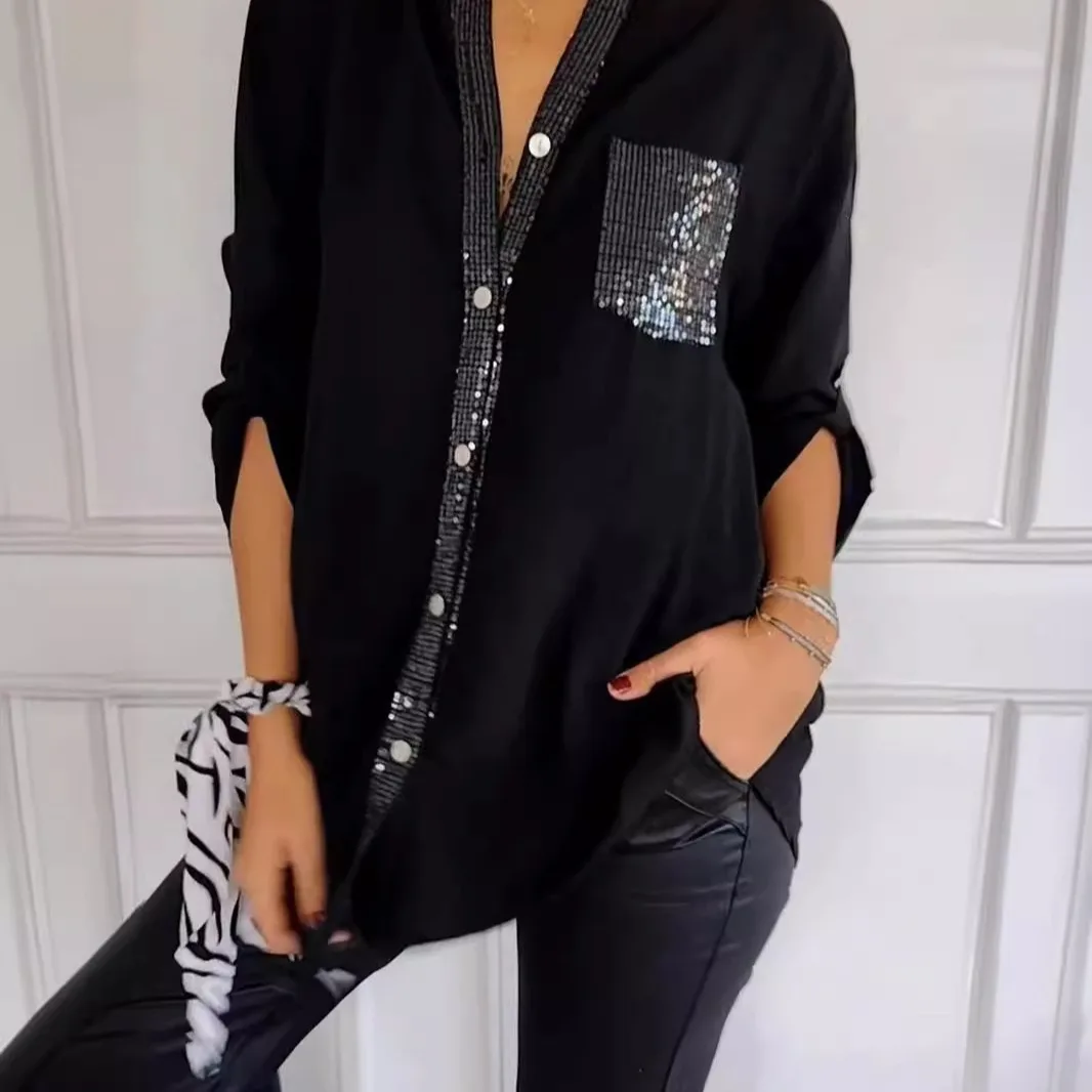 V-neck Sequin Splicing Long-sleeve Casual Shirt Women Blouses Autumn Casual Loose Collar Button Pocket Office Ladies Clothes