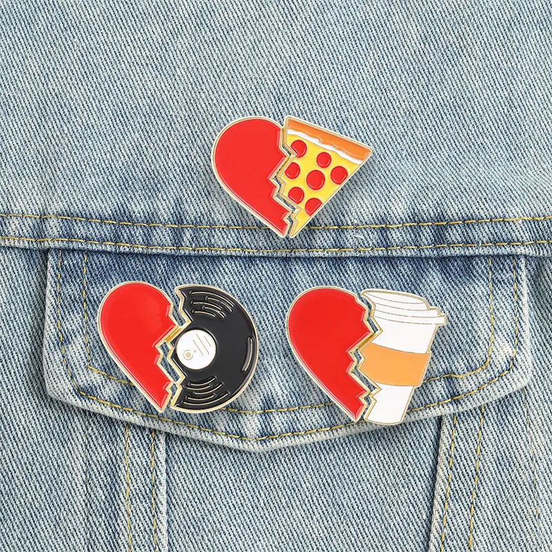 Split Heart Food Vinyl-Schallplatten-Emaille-Abzeichen, süße gebrochene Herz-Anstecknadel, Brosche, Metall-Reversdekoration für Jacke, Rucksack, Geschenk – Detail 2