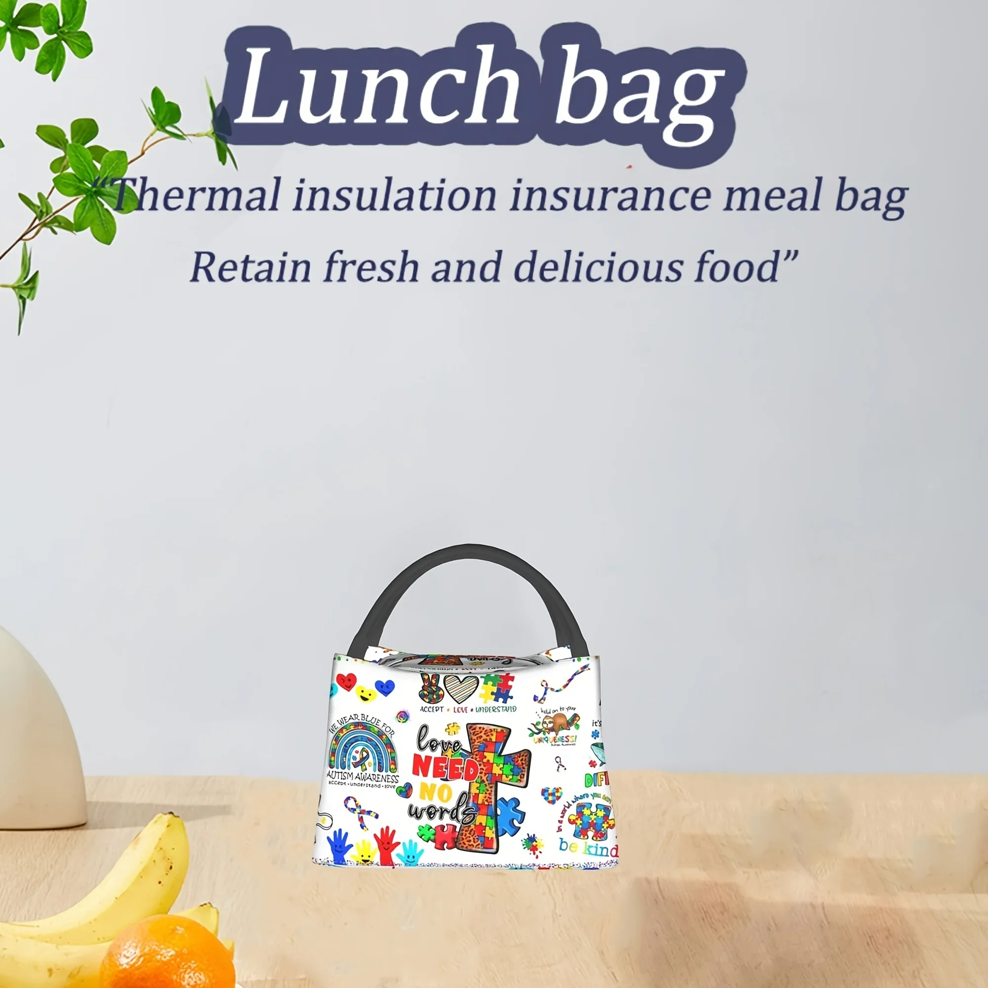 Autism Awareness Puzzle Print Insulated Lunch Tote Portable Reusable Cooler Bag for Picnic Camping Beach