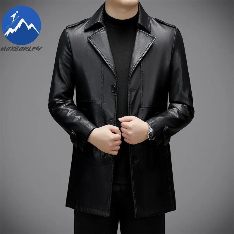 Maxbarley High End Men Leather Jacket 2025 Autumn Korean Style Luxury Suit Lapel Leather Coat Retro Black Motorcyclist PU Jacket