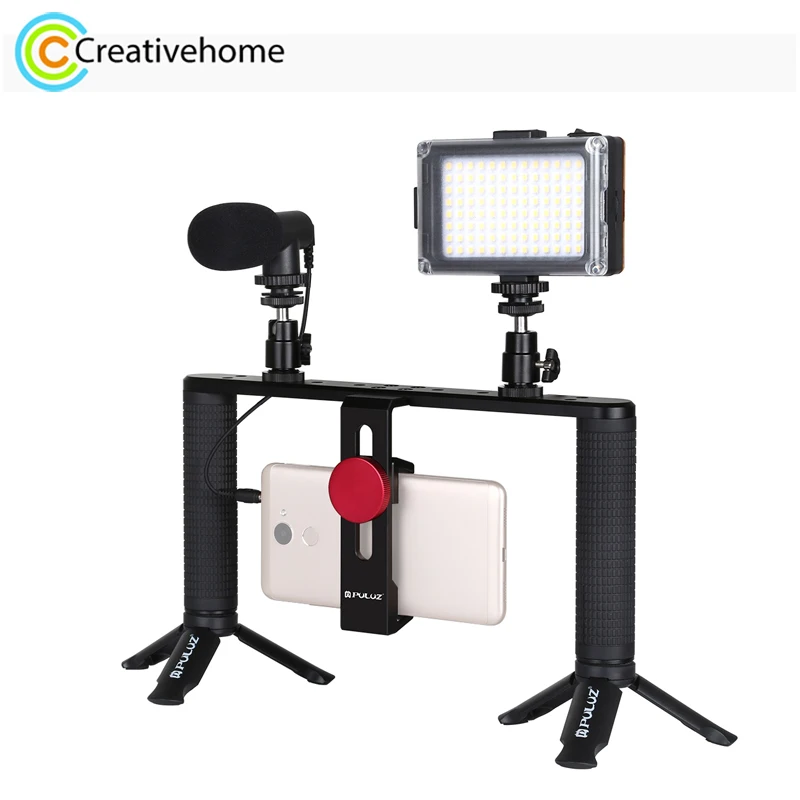 

PULUZ Vlogging Phone Live Broadcast Handle Stabilizer Smartphone Video Cage with LED Selfie Light & Microphone & Tripod Mount