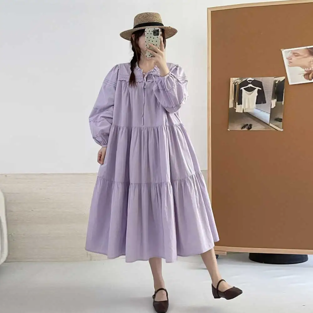 Vestido japonés dulce Mori Girl de Color sólido con volantes para mujer otoño nuevo lindo cuello con cordones manga larga Casual vestidos Midi sueltos