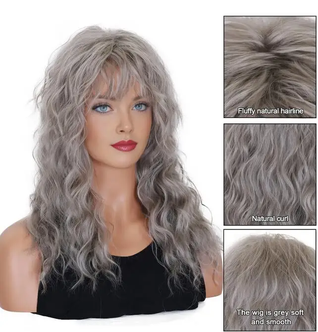 Grey Wigs with Bangs Long Curly Synthetic Wigs for Women Daily Cosplay Party Halloween Costume (Grey 20Inches)