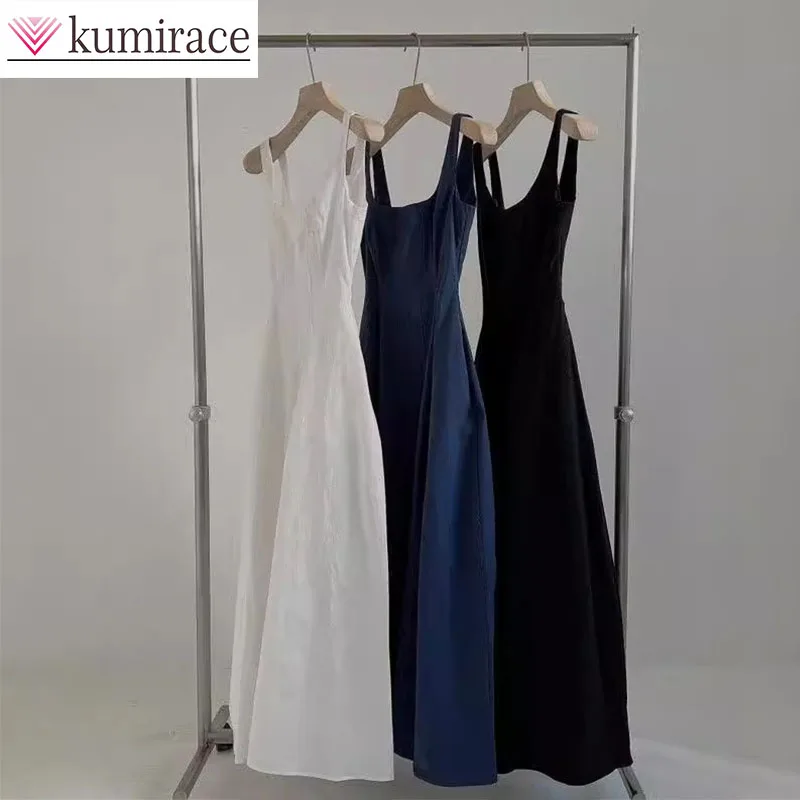

Korean Style Fashion Temperament Solid Color Dress, Summer Simple Sleeveless Mid Length Dress, Camisole Dress, Waist Cinching