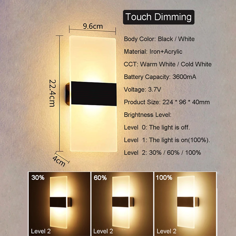 LED Motion Sensing Wall Lamp with Battery, Acrylic Lighting, Touch Switch, Modern Interior Decoration, Living Room and Bedroom