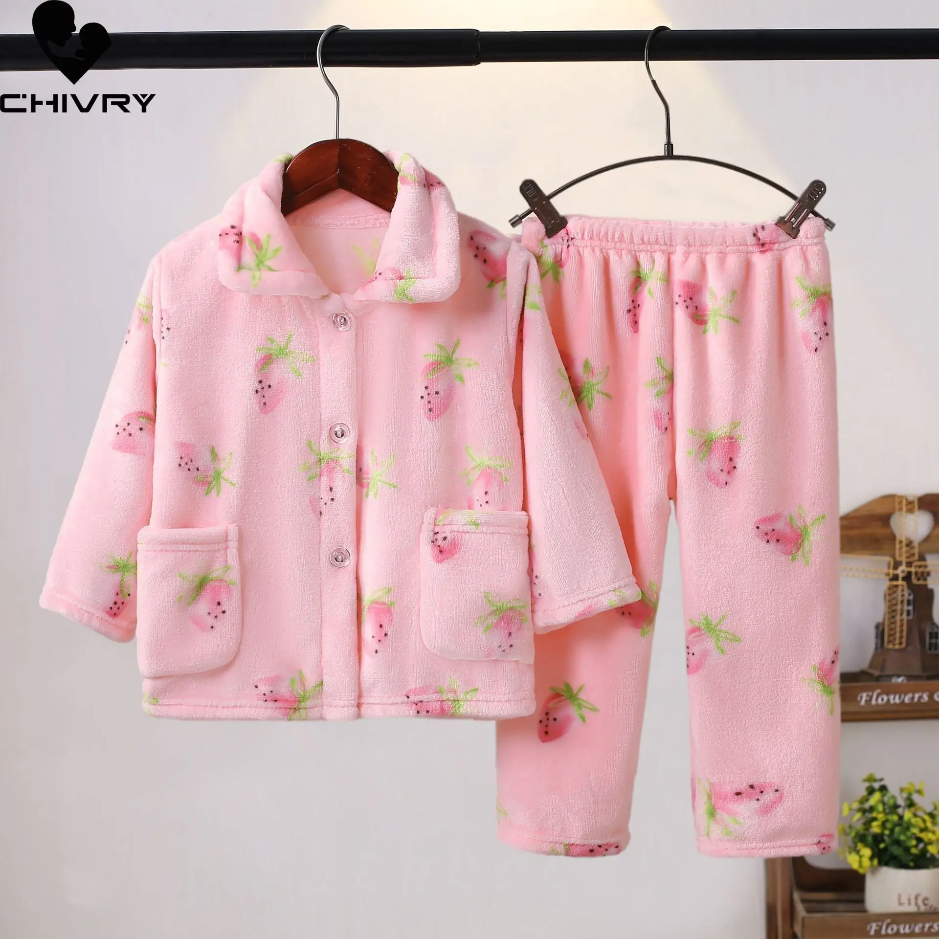 

New Kids Boys Girls Autumn Winter Flannel Warm Pajamas Cartoon Long Sleeve Lapel Tops with Pants Baby Sleeping Clothing Sets