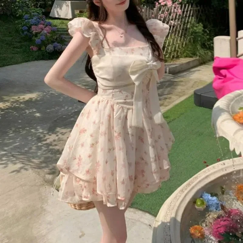 Women Summer Floral Print Ruffle Bow Sweet Sexy Fairy Mini Dress High Waist Sleeveless Slim Square Collar A Line Dresses Vestido